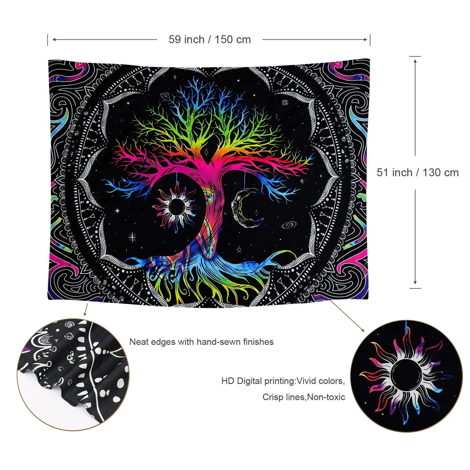 Tapisserie Murale Arbre De Vie Soleil Et Lune – Taille M 130x150cm, Polyester, Design Mandala Noir Et Blanc - 3