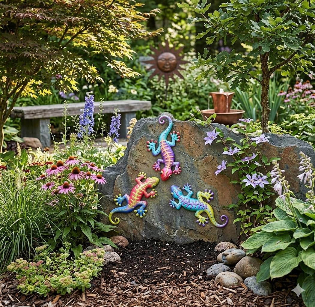 QZGXDECO 3 Pcs Metal Gecko Wall Decor, Outdoor Lizard Wall Art for Garden Fence Patio, Mexican Style Colorful 13.5" Metal Yard Art Sculptures, Hanging Ornaments for Living Room, Backyard & Pool