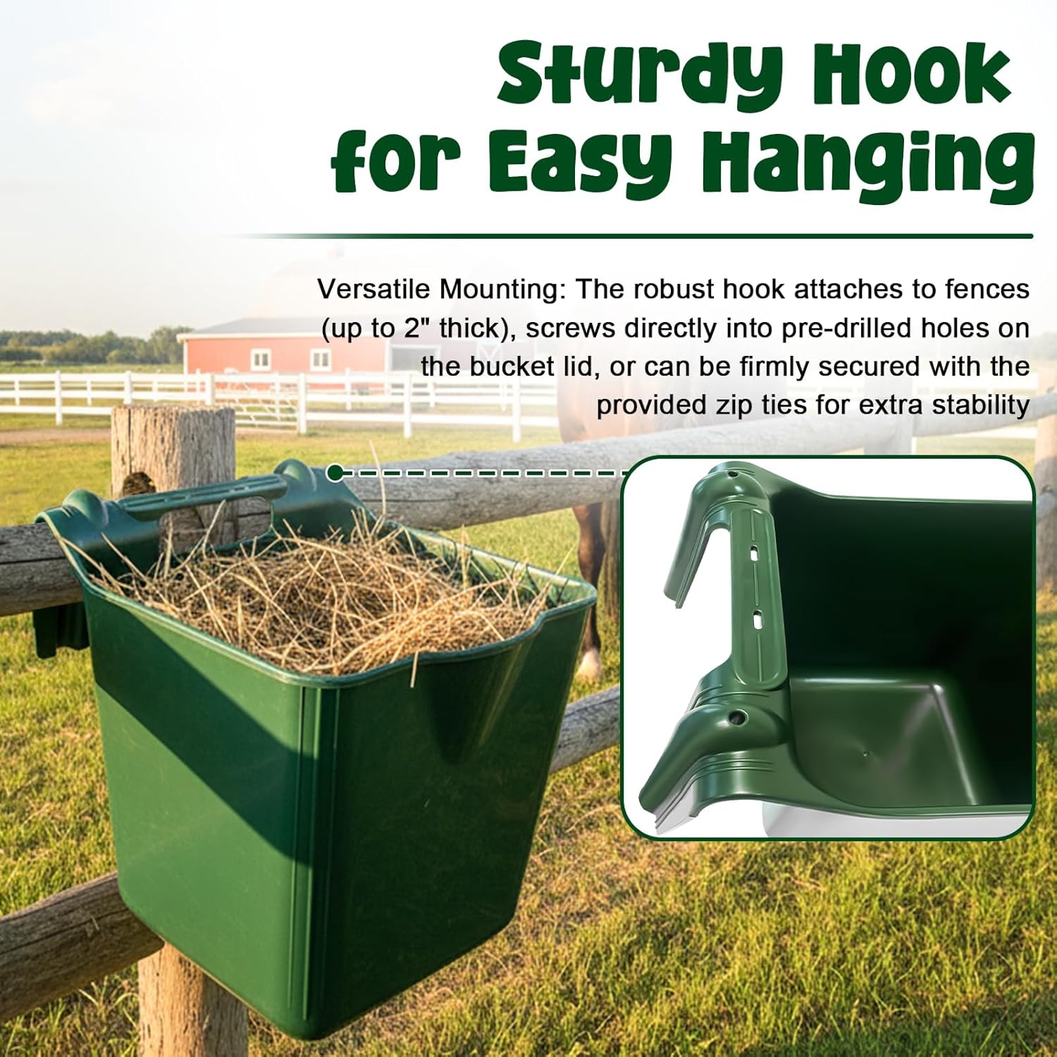 15 Quart Plastic Horse Feeders for Stall Hook Over，Green 4 Pcs Feed Buckets for Horses with Sturdy Hanging Hooks in Farms Workshops Yards, Horse Grain Feeder for Goats, Sheep, Other Livestock
