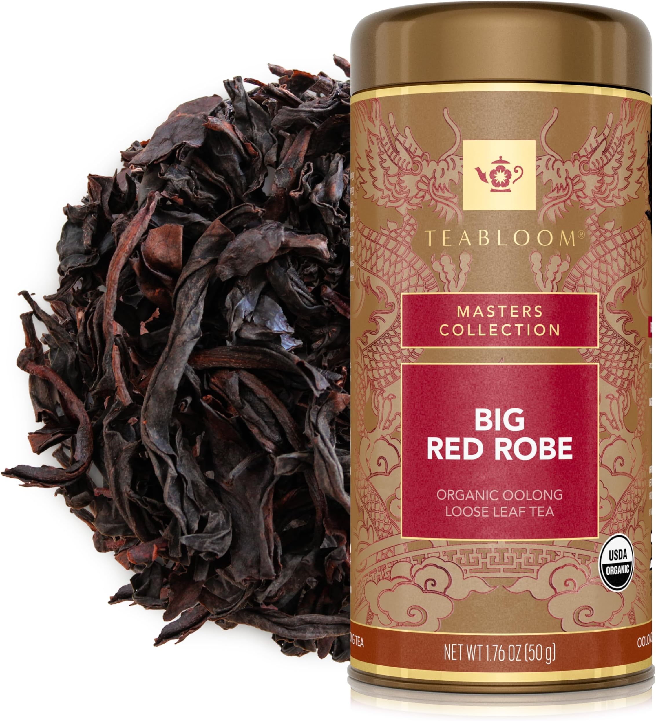 Teabloom USDA Organic Big Red Robe Oolong Loose Leaf Tea, Full-bodied Velvety Smooth Texture with Floral and Fruity Notes, 1.76 oz/50 g Canister Makes 35-50 Cups