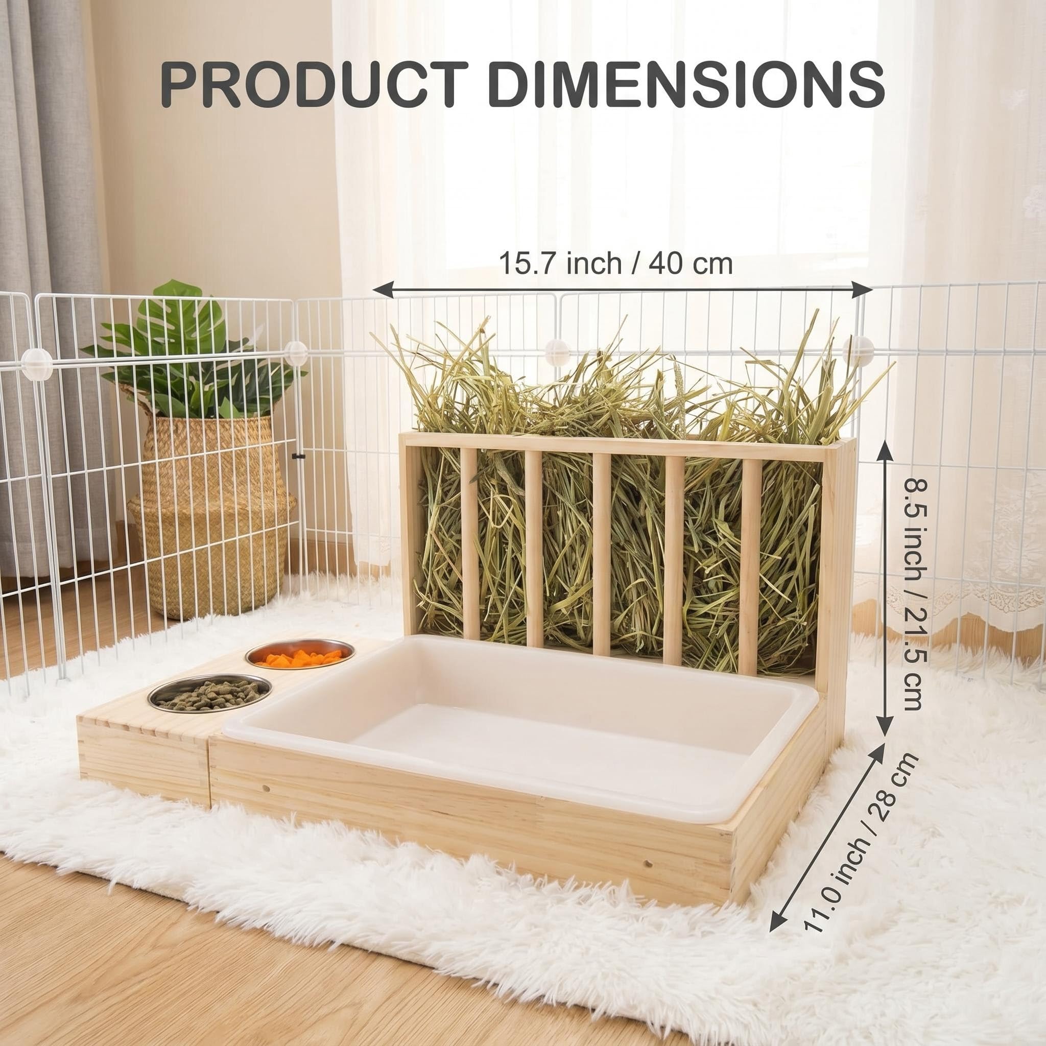 Caja de Arena para Conejos 3 en 1 de Madera con comedero de heno y Dos Cuencos de Acero Inoxidable, estación de alimentación Desmontable para cobayas, Conejos Enanos, hámsters, Chinchillas, Accesorio