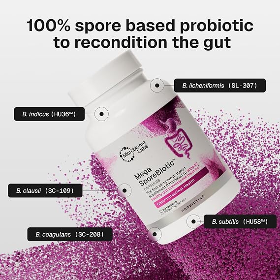 Microbiome Labs MegaSporeBioticTM Probiotics for Women & Men - Spore-Based Probiotic for Gut Health & Digestive Support - Shelf-Stable, Travel-Friendly, Mens & Womens Probiotics (60 Capsules)