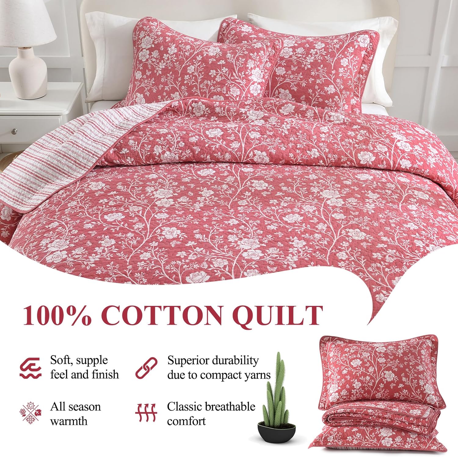 DDUOXIN King Quilt Set - 100% Cotton Quilts with 2 Pillow Shams, Vintage Floral Bedspread Lightweight Thin Comforter Reversible Bedding for Pastoral Style Bedroom, Red, King(106" W x 98" L)