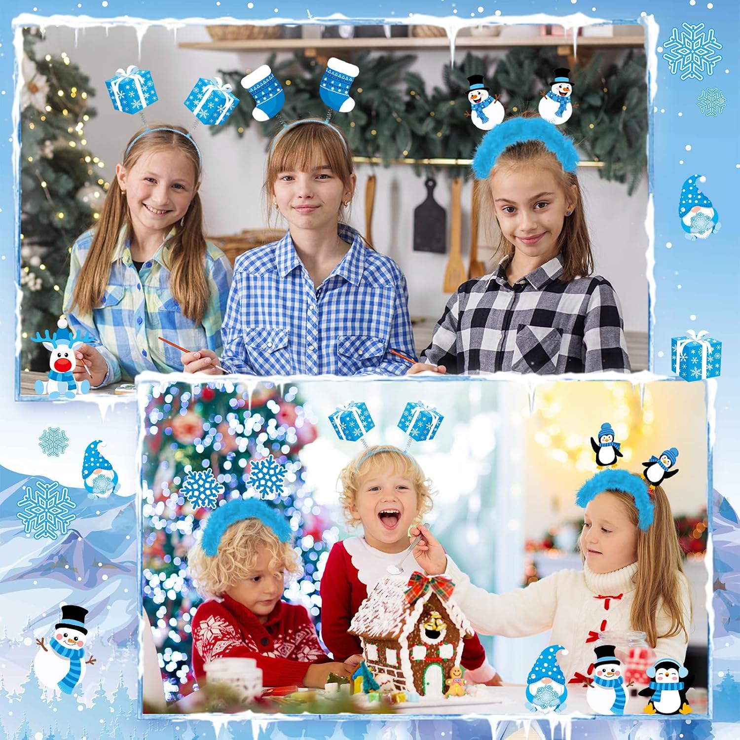 12 Pcs Winter Party Headbands Christmas Snowflake Headbands Bulk Glitter Hair Bands Winter Wonderland Decorations Snowflake Snowman Penguin Felt Accessories Favors for Women Happy New Year Supply