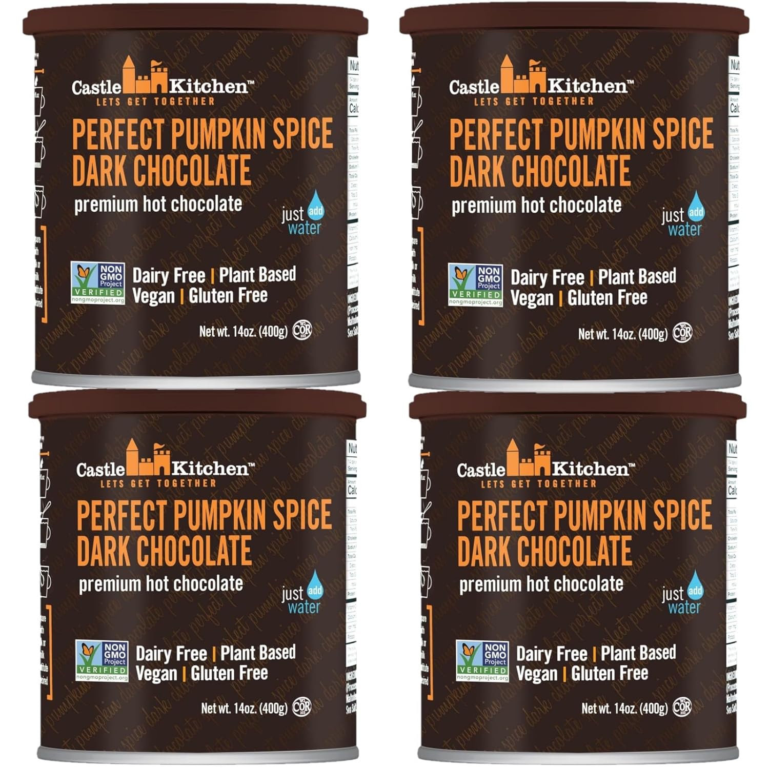 Castle Kitchen Pumpkin Spice Hot Chocolate (4 Pack,14 oz Ea.) - Dairy Free, Vegan Hot Cocoa Mix made With Decadent Dark Chocolate and Natural Flavors - Just Add Water - No Artificial Sweeteners
