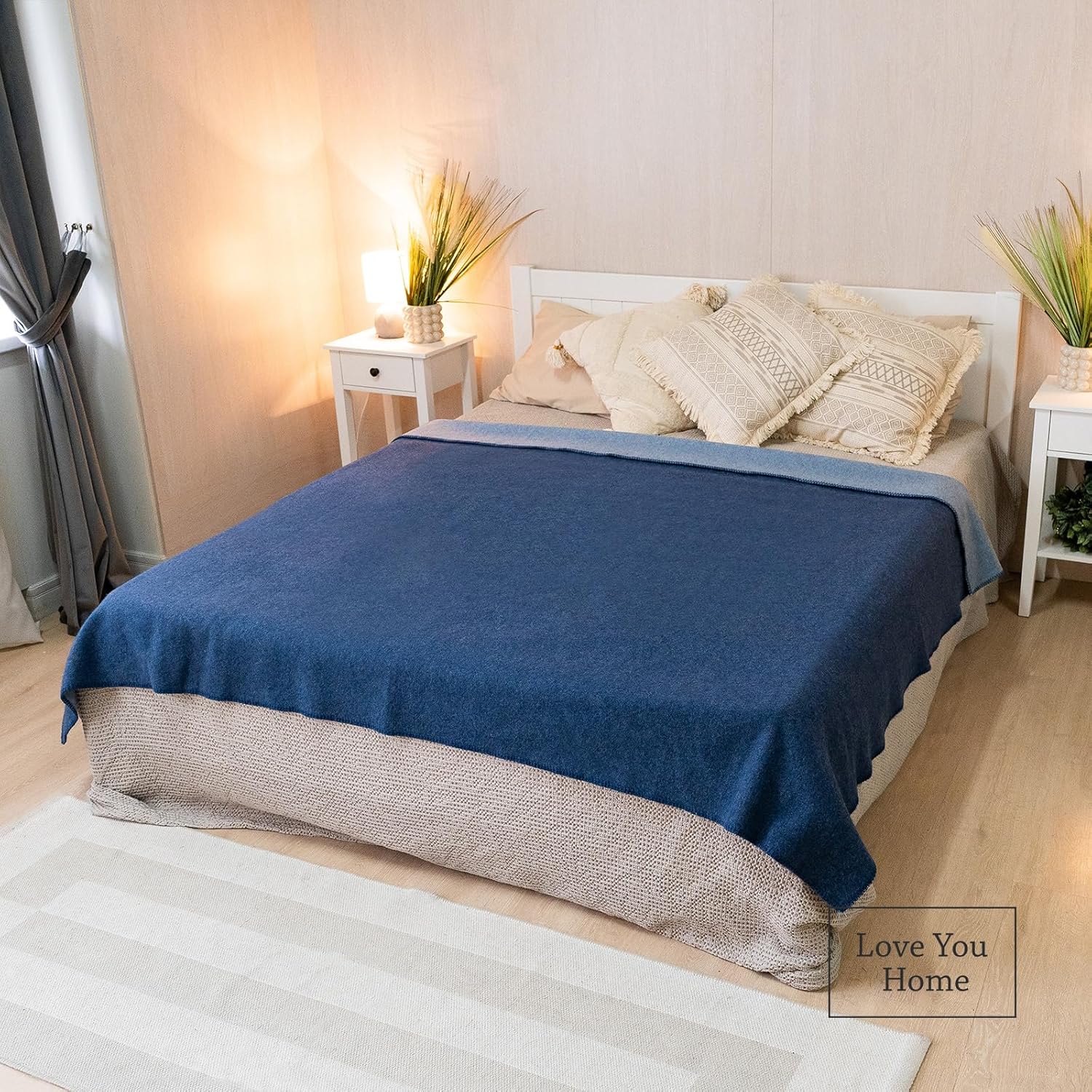 LYHome Merino Wool Blanket - Outdoor Camping and Hiking Throw, Extra Warm Army Military & Hunting Blankets for Cold Weather, Warmest Plaid Sheep Wool (59 x 84 in | Light Blue - Blue Double-Sided)