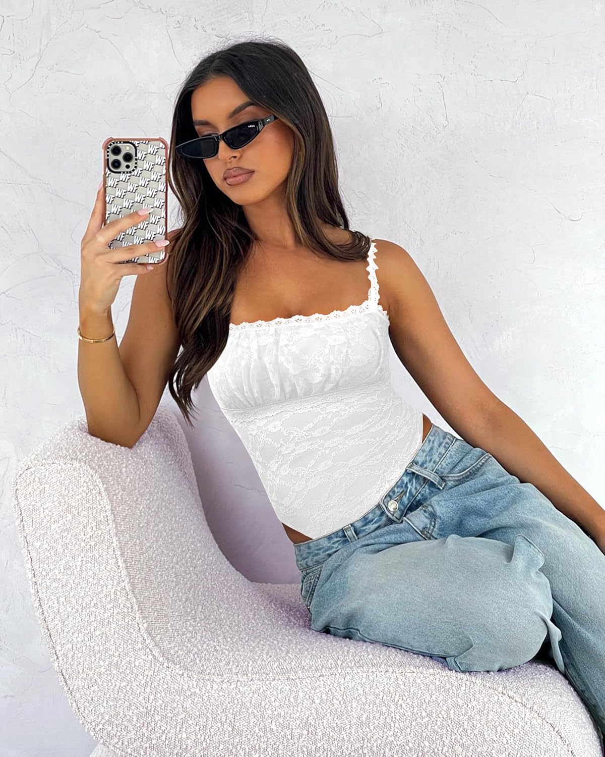 Saslax Women's Sexy Square Neck Lace Sleeveless Bodysuit Tank Tops Double Lined Body Suit Thong Outfits - Image 5