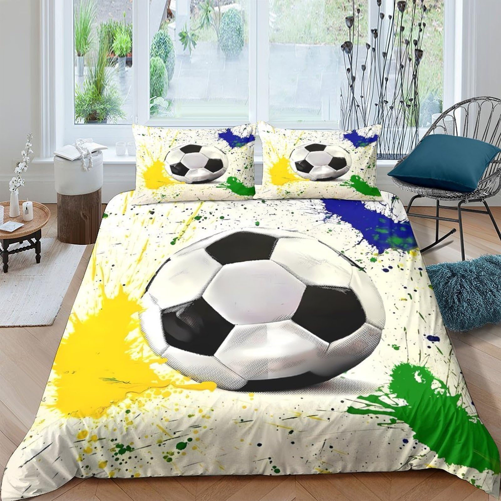 Ctjqhvkz Style-4 3D Printed Soccer Ball Fitted Sheet Microfiber Soft Colour Splash Bed Cover For Bedroom Dorm Mattress Protection Decor Single（135X200cm）