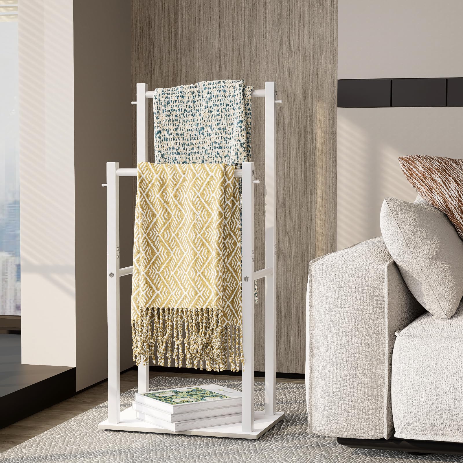 Yawinhe Portasciugamani da Terra, Porta Asciugamani Bagno con 2 Bracci, Accessori da Bagno,Organizzatore per Asciugamani, Coperte, Vestiti, 39x26x80cm, Bianco, SMJ002W-