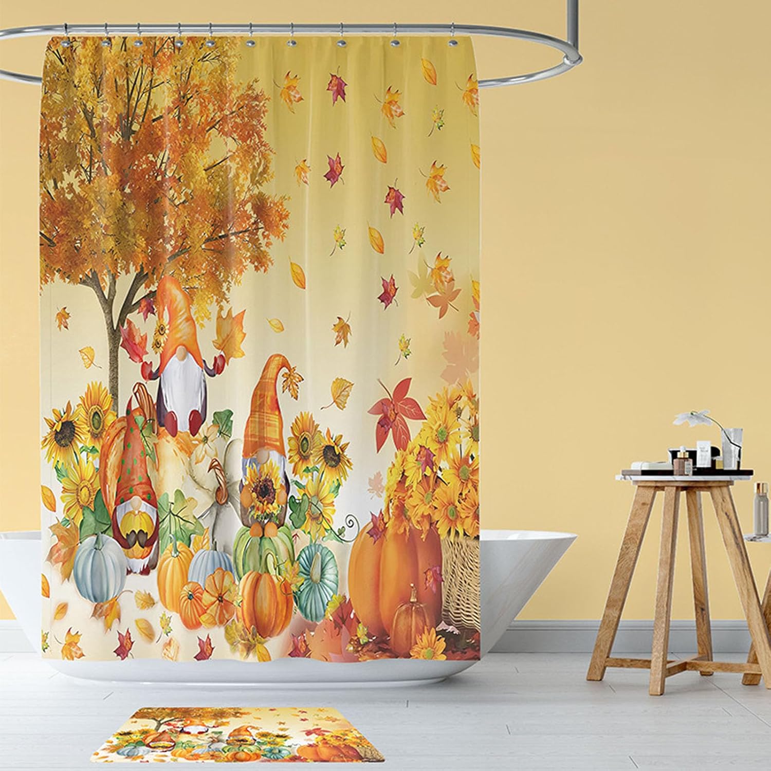 4Pcs Fall Shower Curtain Set with Non Slip Rug, Bath Mat and Toilet Cover, Thanksgiving Gnomes Pumpkin Maple Leaf Waterproof Shower Curtain with 12 Hooks for Bathroom Accessories (Fall 03)