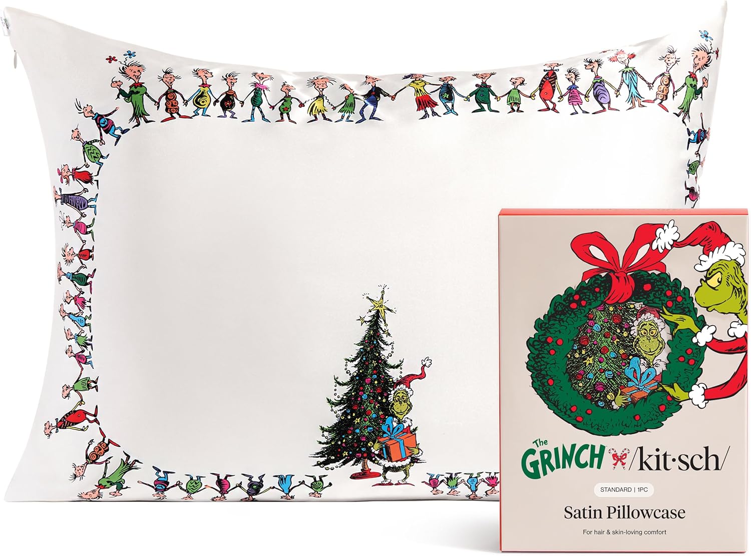 The Grinch x Kitsch Satin Pillowcase with Zipper for Hair & Skin - Softer Than Silk Pillow Cases, Smooth Cooling Pillow Cover, Wrinkle-Free, Machine Washable, Queen/Standard (19x26) - Who-Ville