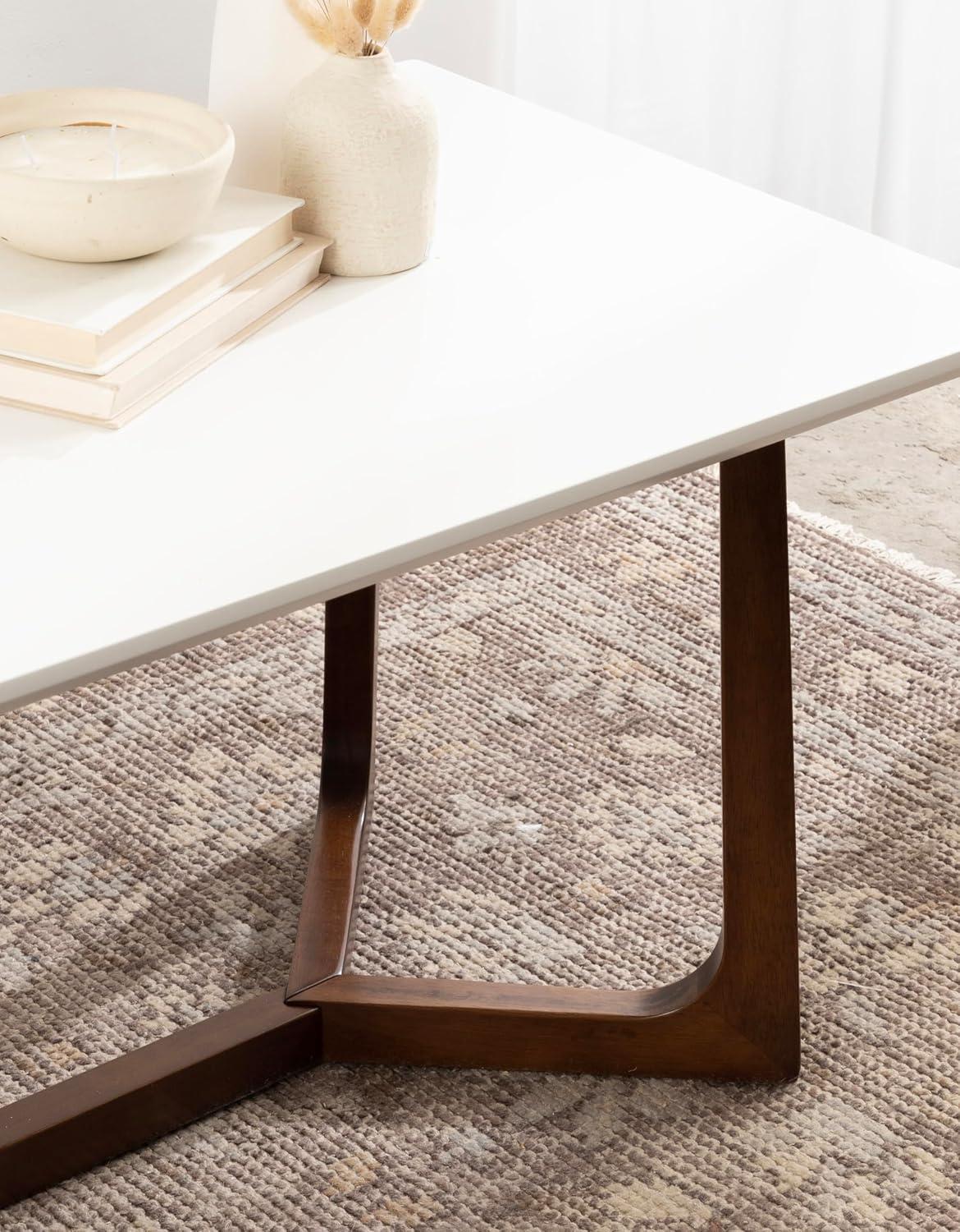 Kate and Laurel Olivant Mid-Century Rectangle Coffee Table, 44 x 22 x 20, White and Brown Walnut, Rectangular Two-Tone Living Room Coffee Table with Geometric Base