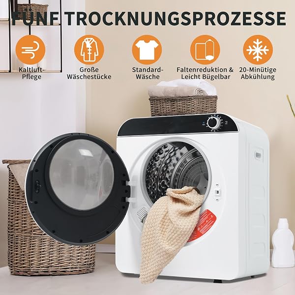 Secadora de Evacuación 4,5 kg con 4 Programas, Carga Frontal Secadora de Ropa 830 W, Montable en la Pared Secadora de Ropa con Tambor Inox, para Piso, Casa, Mobil Home, 59x49x43,5 cm, Blanco - 4