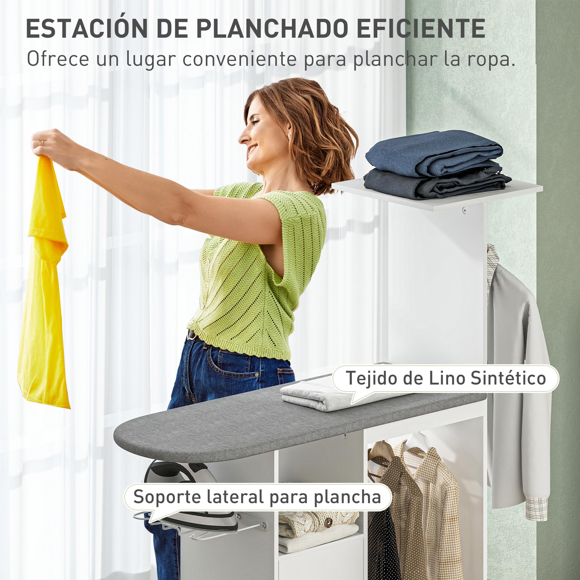 HOMCOM Mueble de Planchar Ruedas Soporte Lateral 127,5x43,5x153 cm Blanco | Mueble de Planchado, Tabla de Planchar, Barra para Ropa, Estante Ajustable