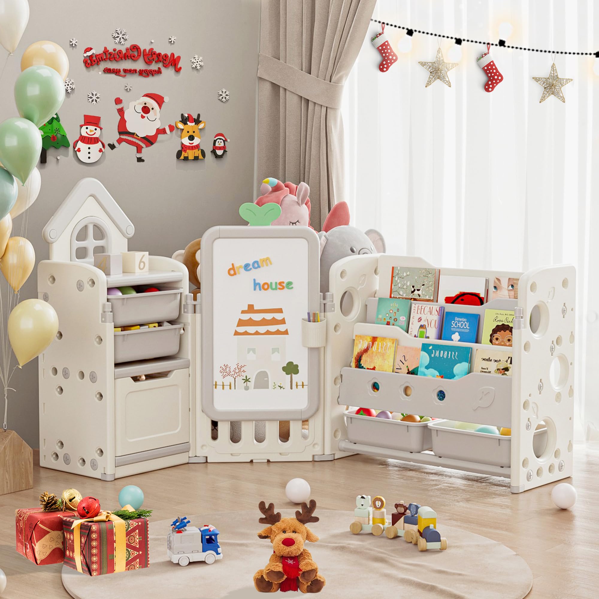 Kids Toy Storage Organizer with 10 Removable Bins, Foldable Toy Organizers and Storage with 3-Tier Bookshelf for Kids Toy Storage Organizer with Drawing Board, Extra 3 Brushes (3 In 1 Off-white)