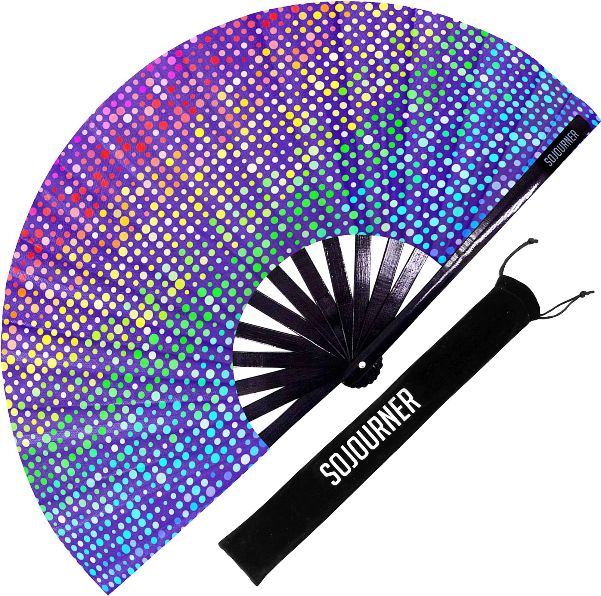 SoJourner Bags Rave Fan - Large Folding Fan - Clack Fan Hand Fan for Raves, Halloween, Burlesque, Rainbow Outfits for Women & Festival Accessories