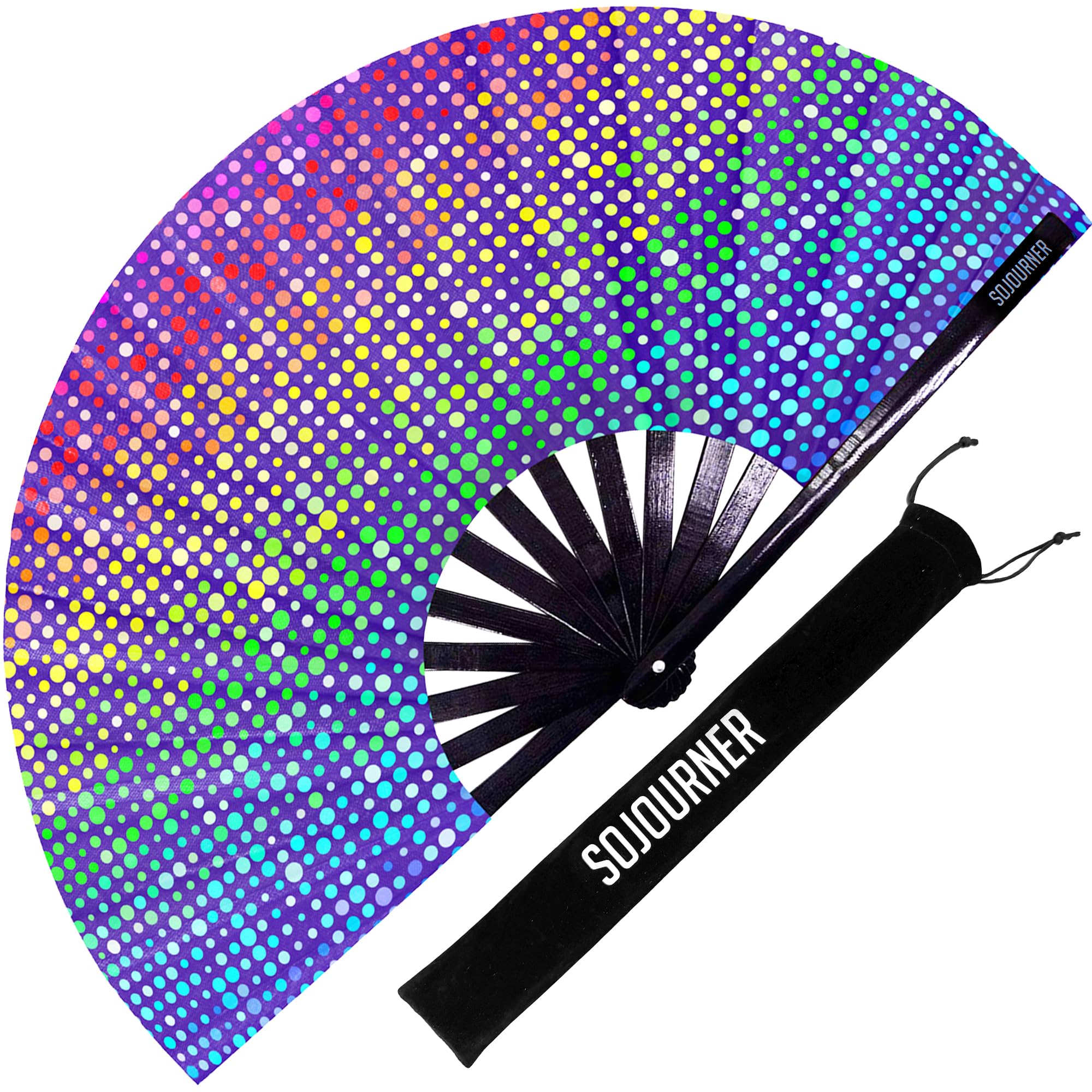 SoJourner Bags Rave Fan - Large Folding Fan - Clack Fan Hand Fan for Raves, Halloween, Burlesque, Rainbow Outfits for Women & Festival Accessories