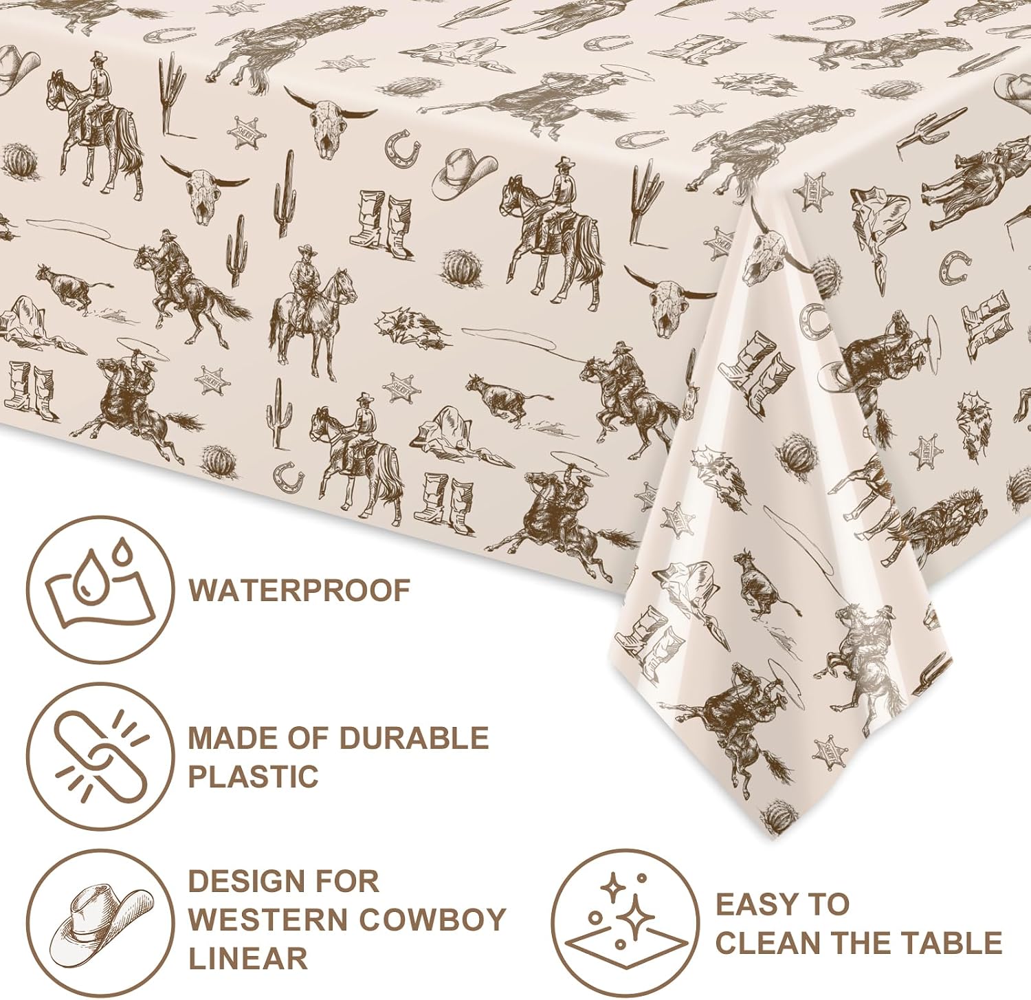 FYSUIMU 3Pcs Western Cowboy Rectangle Tablecloth Brown Wild West Rodeo Plastic Table Cloth Disposable Table Cover for Birthday Theme Party, 54 x 108 Inch