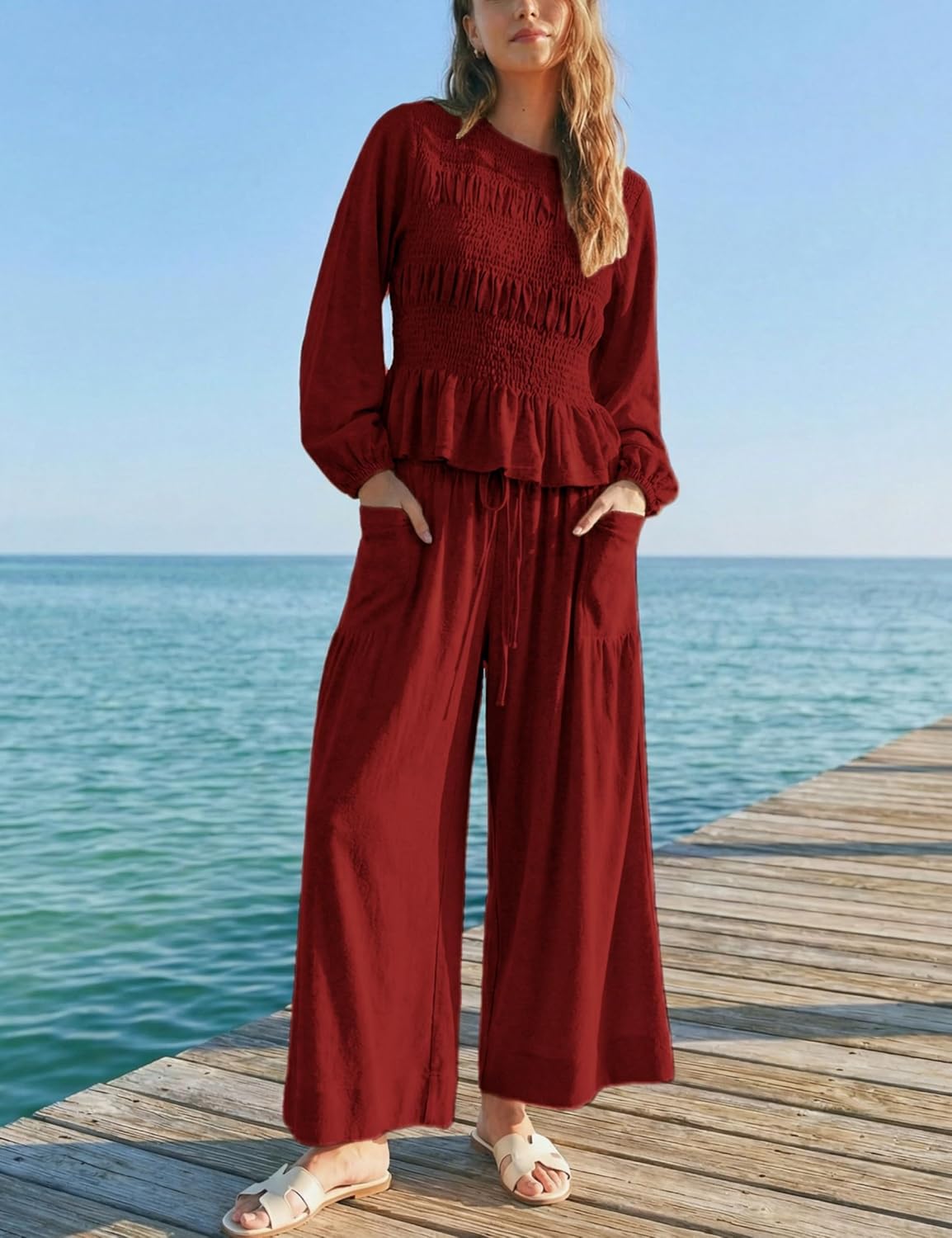 Womens 2-Piece Boho Long Sleeve Smocked Top & Wide Leg Pants Set Casual Lounge Outfit with Pockets - Image 2