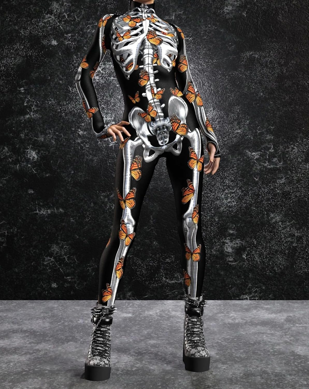 Unisex Halloween Flower Rose Skeleton Bodysuit Party Skinny Front Zipper Catsuit Cosplay Costume Outfit - Image 2