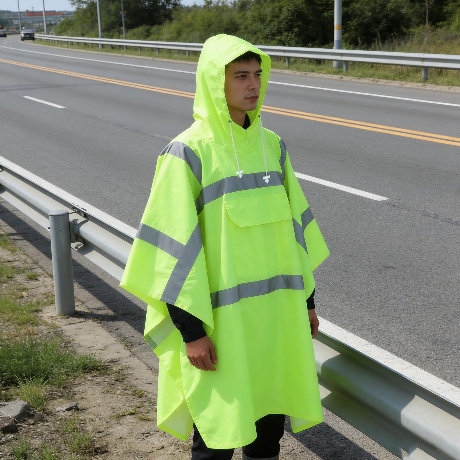 Poncho Pluie Imperméable Réfléchissant avec Capuche à Cordon et Grandes Poches, Polyester Taffetas et Pvc, pour Déplacements Quotidiens et Secours D'urgence