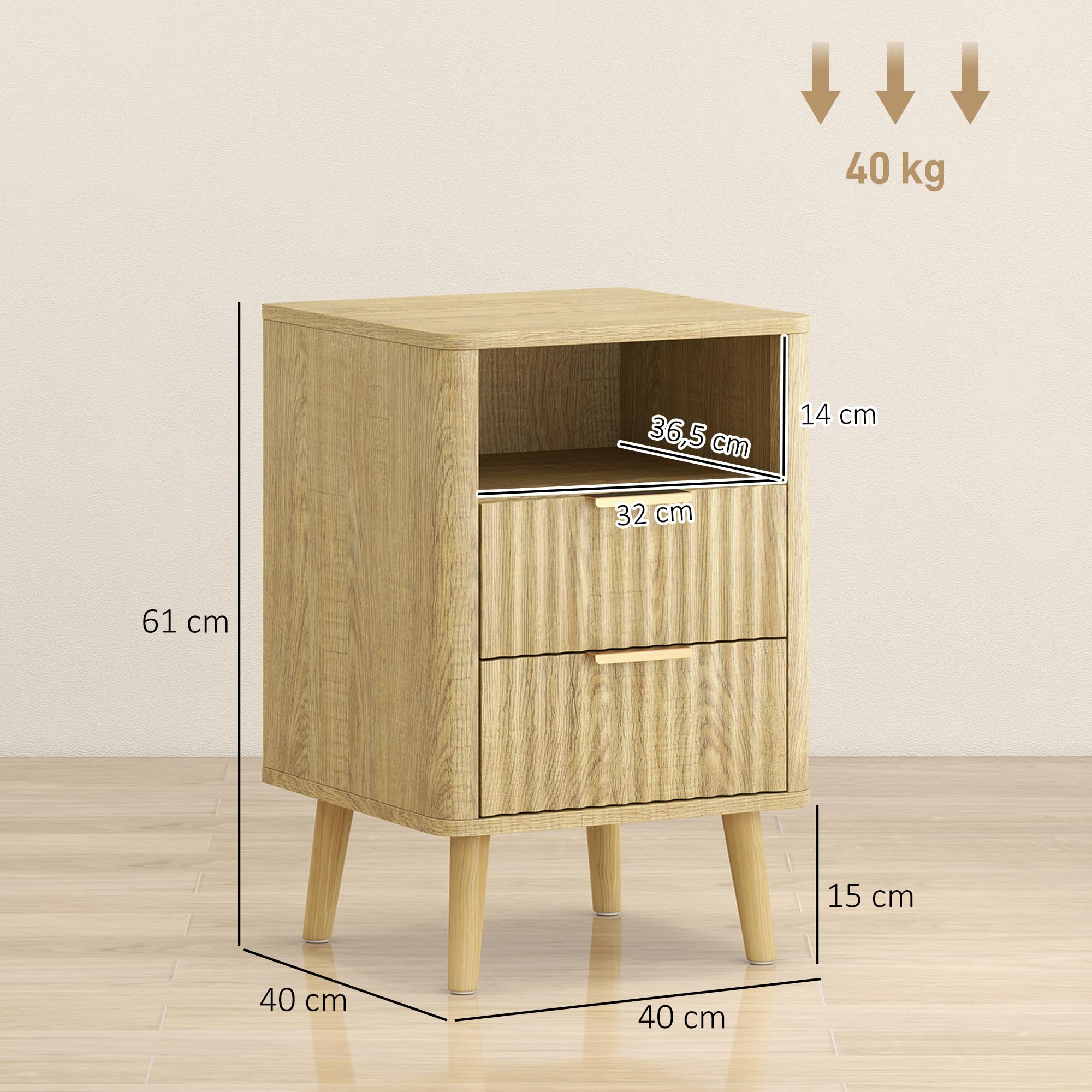 HOMCOM – Juego de 2 mesitas de noche, mesitas de noche con 2 cajones y compartimento abierto, esquinas redondeadas, texturizadas en olas, patas de madera maciza, estilo moderno, para dormitorio, sala