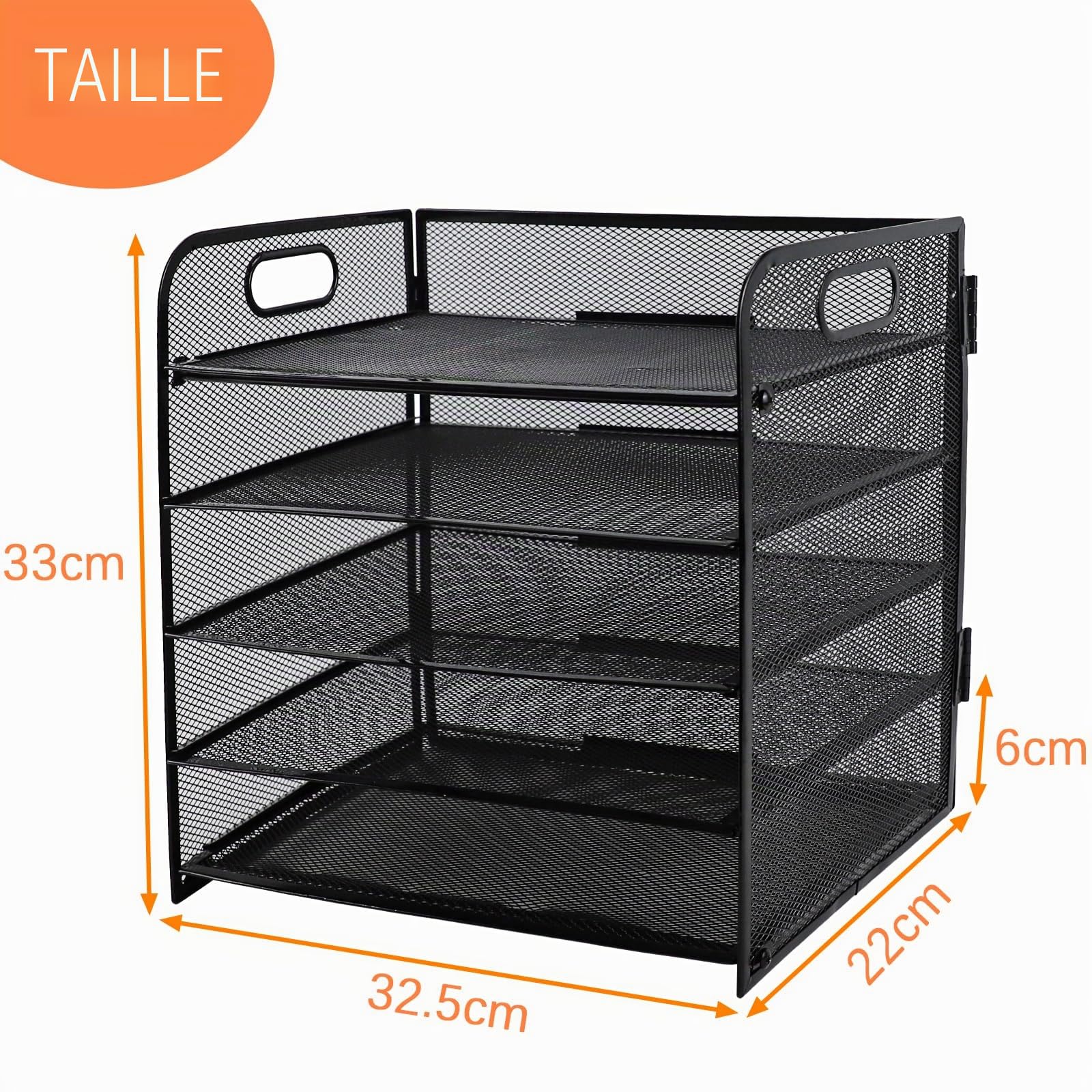 Corbeille à courrier à 5 niveaux avec poignée, organiseur de fichiers de bureau en maille métallique avec plateaux, plateaux de classement de bureau A4, porte-revues pour la maison, le bureau, l'école