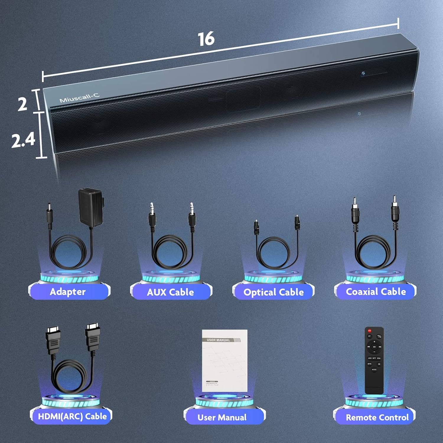 Miuscall-C Soundbar dimensions and included accessories