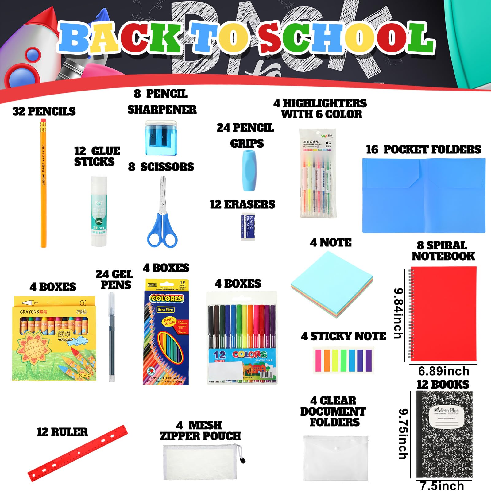 Gilprop Kit de 352 piezas de suministros escolares, 4 juegos por juego de suministros de regreso a clases | Kit esencial para estudiantes, incluye lápiz, cuaderno, regla, tijeras, borrador de notas adhesivas, sacapuntas