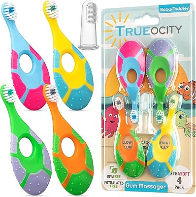 Baby Toothbrush 4 Pack, Toddler Toothbrush Age 1-2 & Bonus Silicone Finger Brush, Soft Bristles, Toddler Toothbrushes, Inf...
