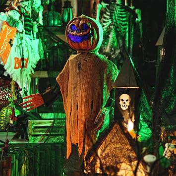 Halloween Yard Decorations Halloween Animatronics, 47 Sound & Touch Activated Lighted-up Scary Decorations with Creepy Sound, Pumpkin Scarecrow