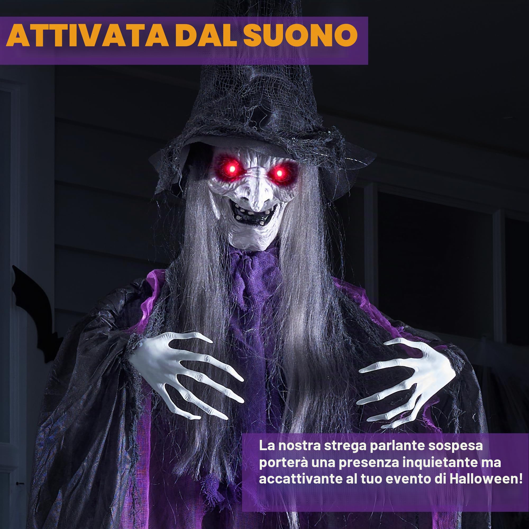 JOYIN Strega parlante animata da appendere con occhi luminosi, suono raccapricciante, strega appesa attivata dal suono per Halloween, decorazioni per interni ed esterni, oggetti di scena per casa