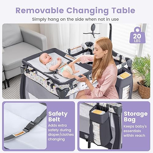 Miniatura 9 de Costzon Paquete 3 en 1 con moisés, corral portátil con cambiador, caja de música, juguetes giratorios, ruedas y freno, cesta de gran capacidad,