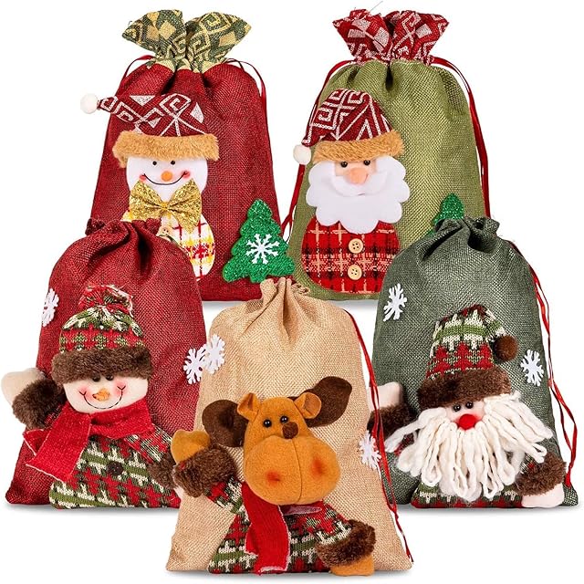 KAHEIGN 5Pcs Christmas Drawstring Bags, Large 3D Fabric Santa Claus Snowman Reindeer Burlap Bags Xmas Gift Bags Christmas Wrapping Bags Treat Bags Goody Bags for Christmas Party Favor