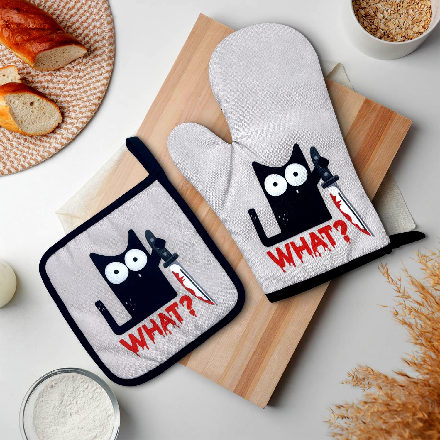 Dhecvbd What, Funny Oven Mitts and Pot Holders (Set of 2) with Hanging Loop Silicone Non-Slip,Cat Themed Kitchen Gifts for Cooking and Baking, Cat Moms and Dads