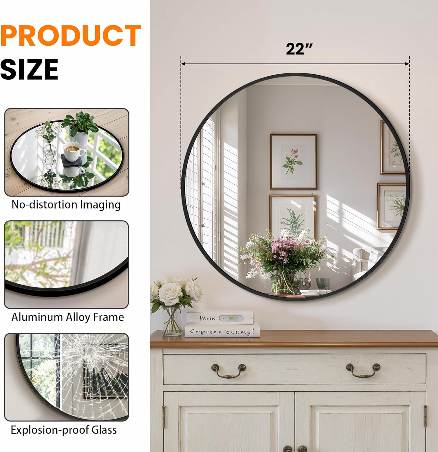 22 Inch Round Bathroom Mirror, 2 Pack Black Metal Framed Circle Wall Mirror for Over Sink, Modern Vanity Mirror for Bathroom with Tempered Glass