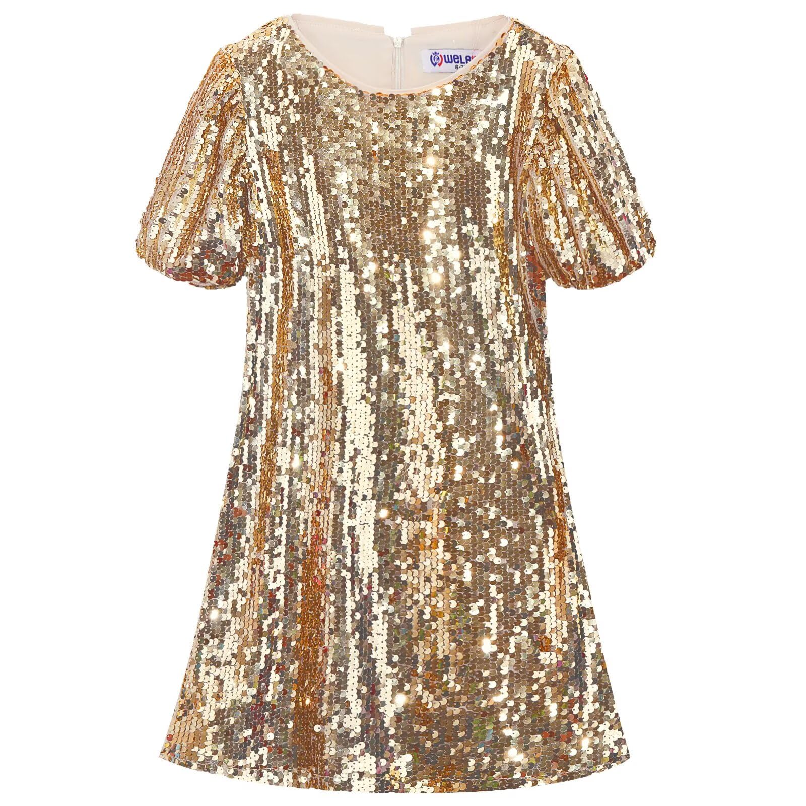 WELAKEN Girls Ombre Sequin Dress Sparkly Fancy Short Puff Sleeves Gradient Party Dress