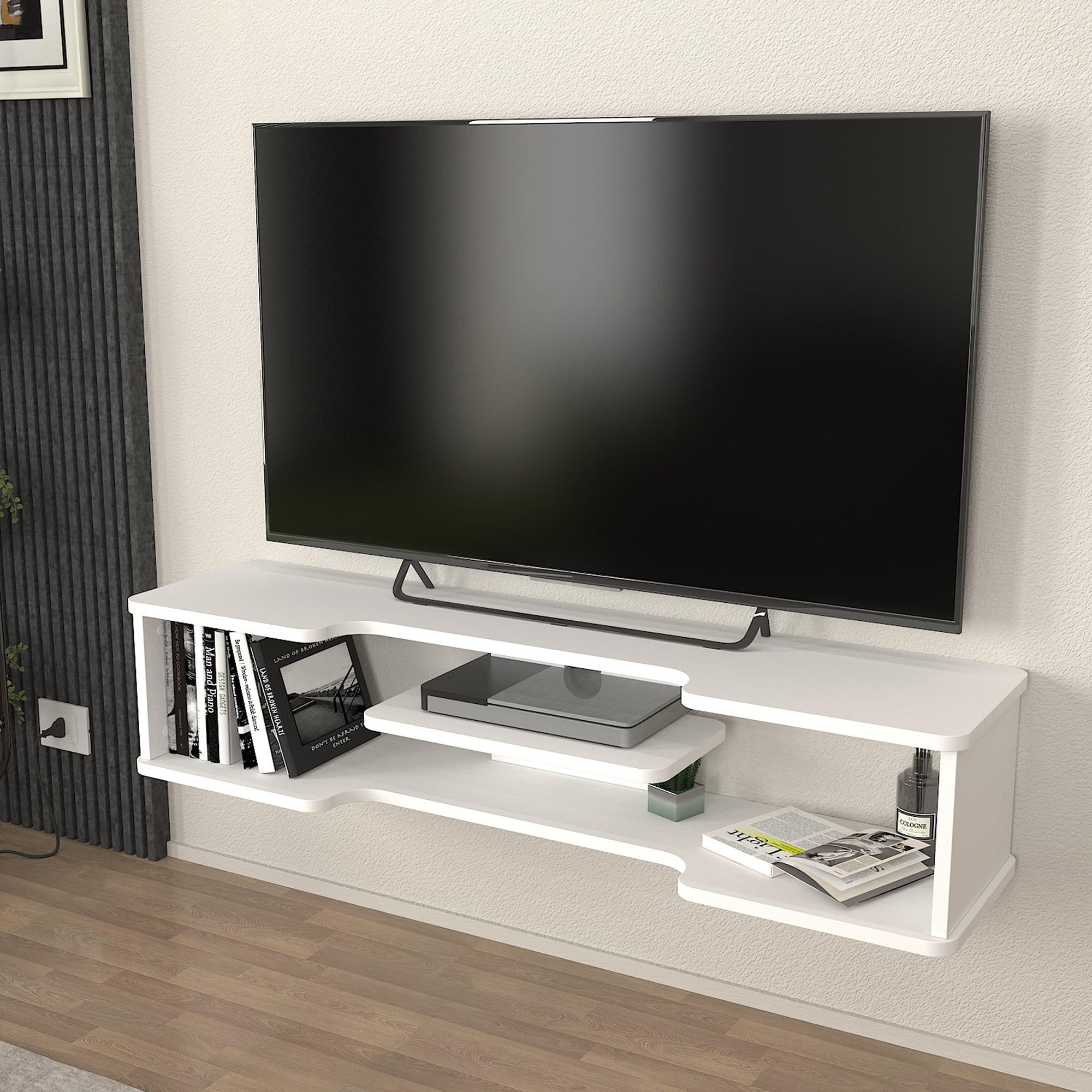 [en.casa] Yrela szafka pod telewizor wisząca, 120 x 30 x 26 cm, regał wiszący do telewizora, salonu, sypialni, biała