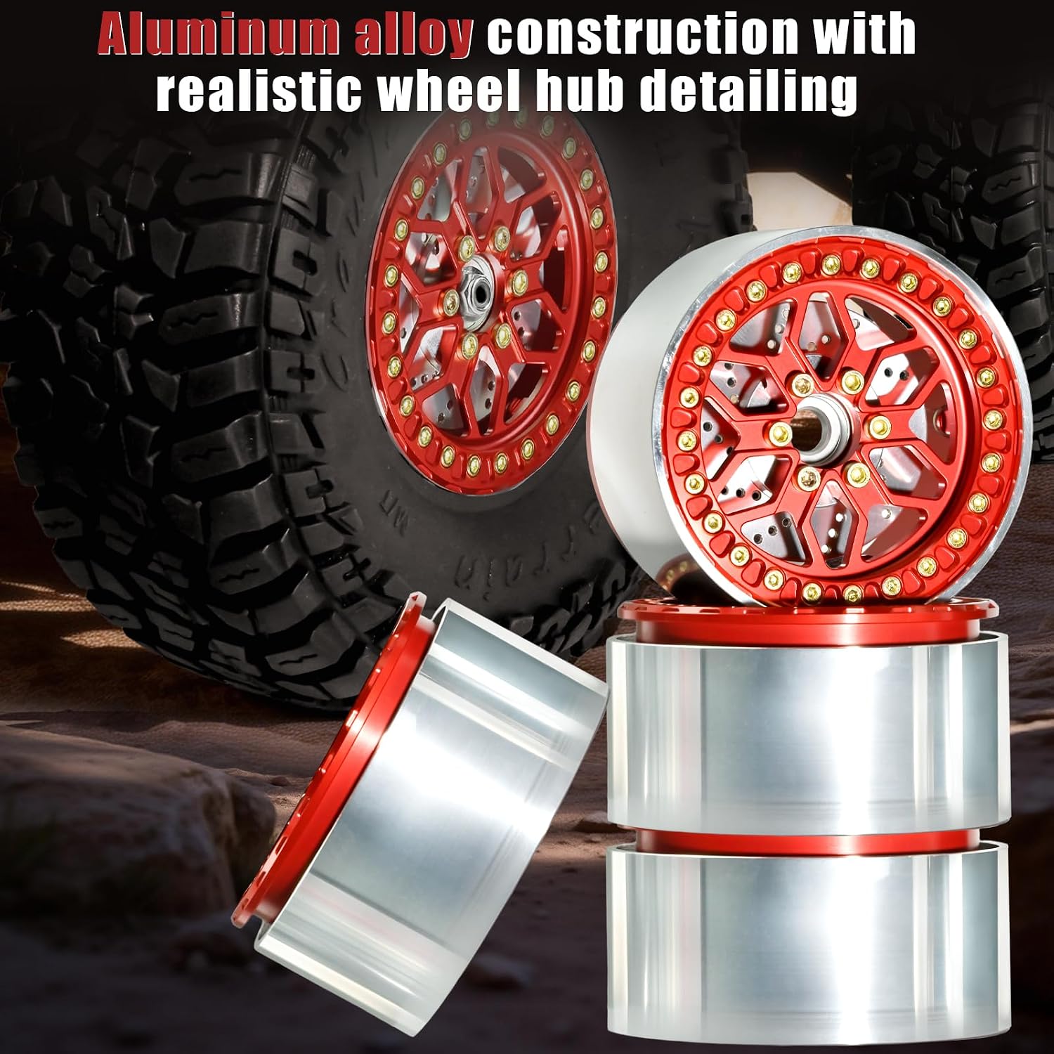 2.2 RC Beadlock Wheels 4PCS, Aluminum Alloy Rims with Brake Discs, 12mm Hex 5.5mm Offset for Axial SCX10 Wraith RR10 Capra Traxxas TRX4 TRX6 D90 Redcat Gen8 - Red