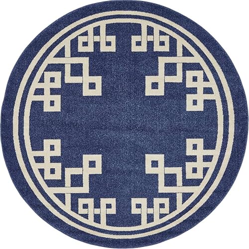 Unique Loom Athens Collection - Alfombra clásica geométrica tribal con diseño de borde moderno (6 pies x 6 pies, redonda, azul marinobeige)