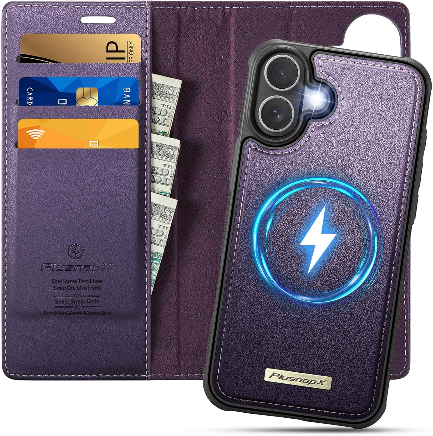 Wallet Case for iPhone 17 Compatible with Magsafe, 2-in-1 PU Leather Flip RFID Blocking Card Holder Stand Shockproof Magnetic Detachable Cover for iPhone 17 Case 6.3", Fashion Purple