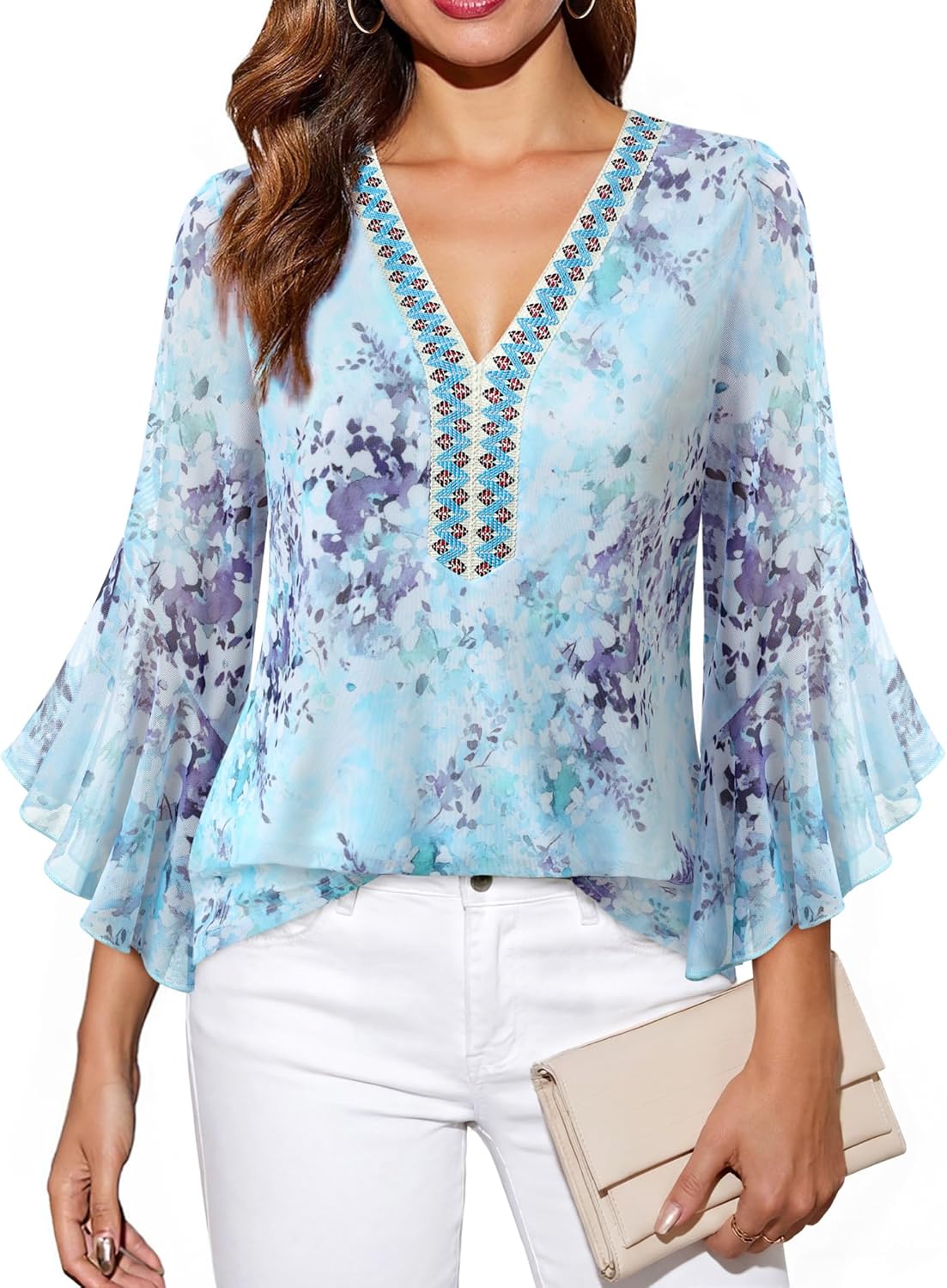 Timeson Women's Ruffle 3/4 Sleeve Sparkly Tops Sequin V Neck Blouses Dressy Fall Shirts