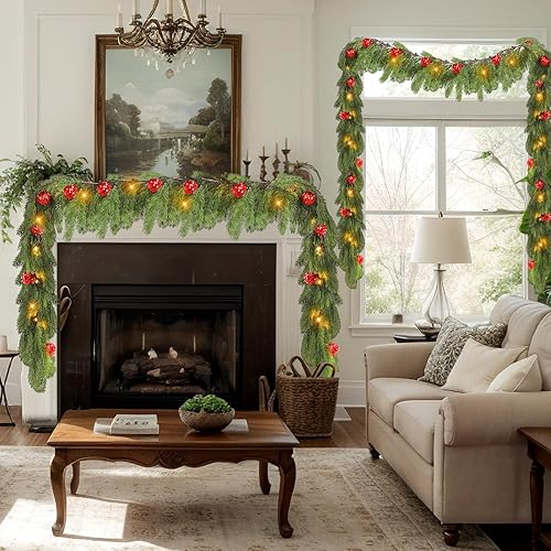 Miniatura 5 de Ceenna 2 guirnaldas de cedro de Navidad preiluminadas de 12.4 pies con 20 luces LED, guirnalda de pino artificial verde para Navidad con bola, 8