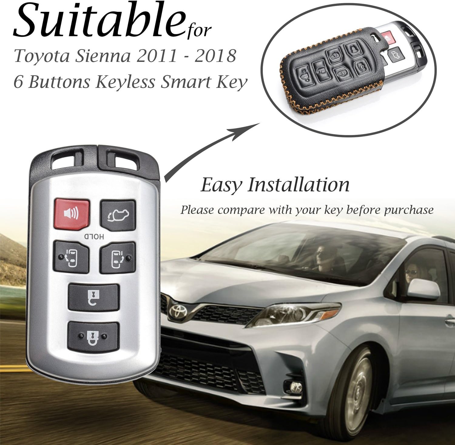 Vitodeco Genuine Leather Smart Key Keyless Remote Entry Fob Case Cover with Key Chain Compatible with Toyota Sienna 2011-2020 (6 Buttons, Black)