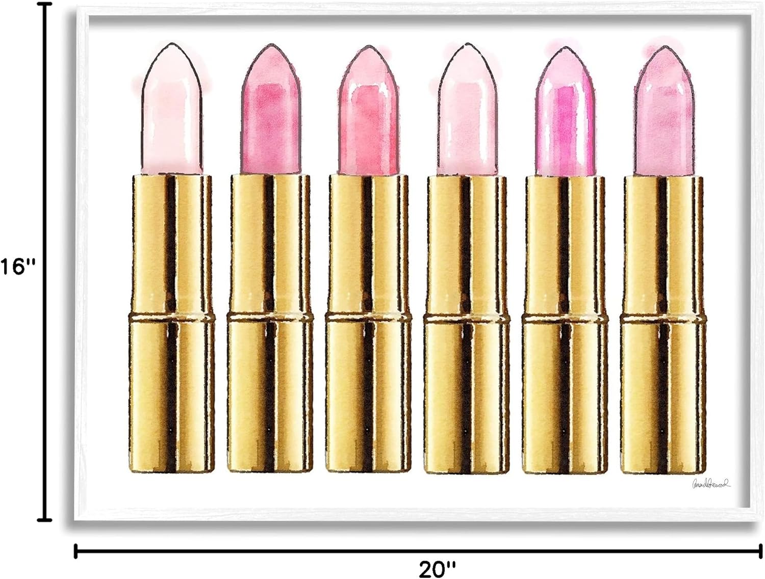 Stupell Industries Pink Gold Lipstick Glam Fashion Watercolor, Design by Amanda Greenwood White Framed Wall Art, 16 x 20
