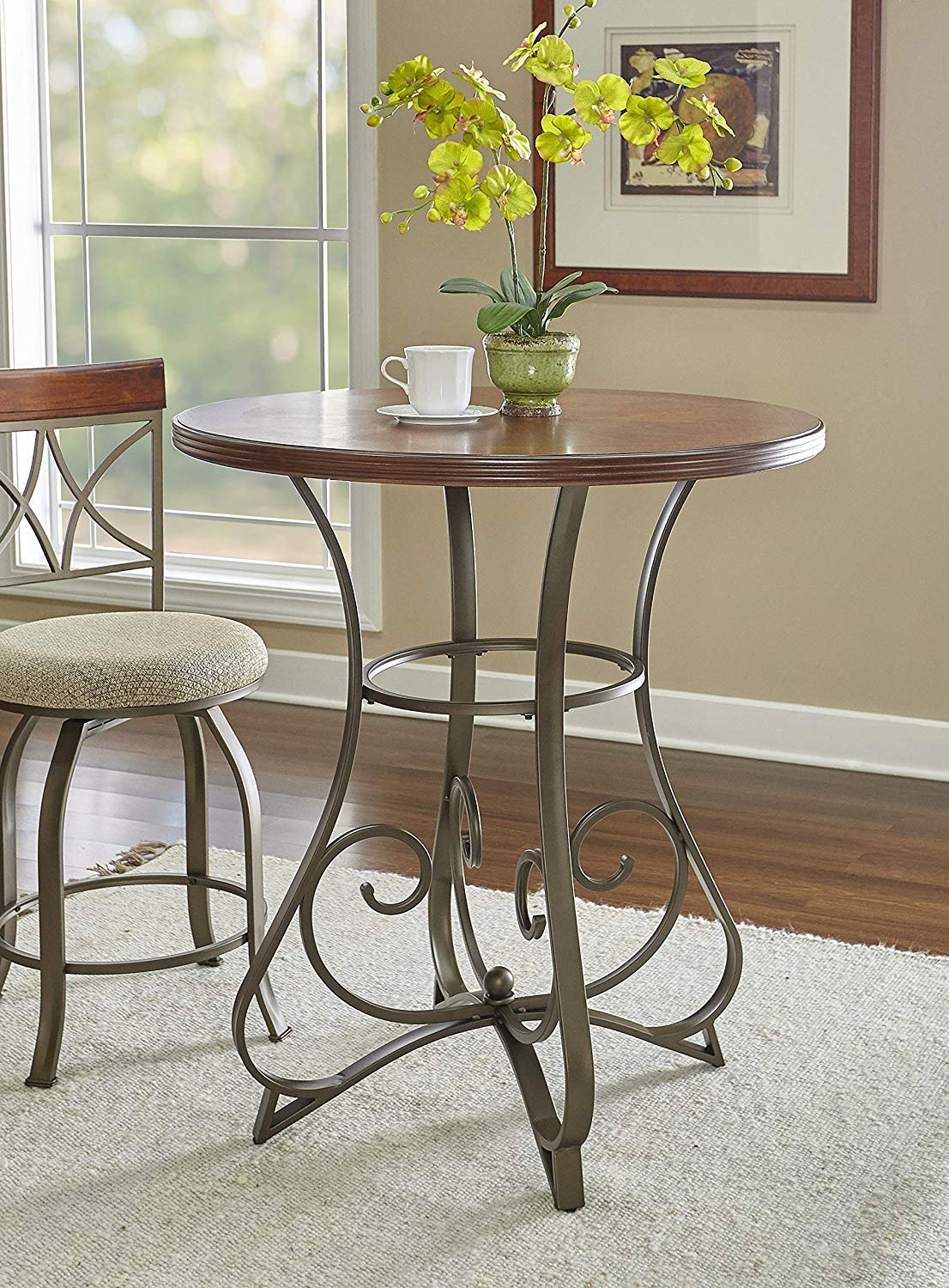 Powell 697-404 Hamilton Pub Table, Brushed Faux Medium Cherry wood Matte Pewter & Bronze metal 36" x 36" x 42" tall