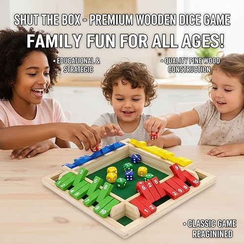 Miniatura 2 de Juego de mesa Shut The Box, juego de mesa de dados de madera con tapa de cuatro lados, juegos de dados de madera mejorados para 2 a 4 jugadores,