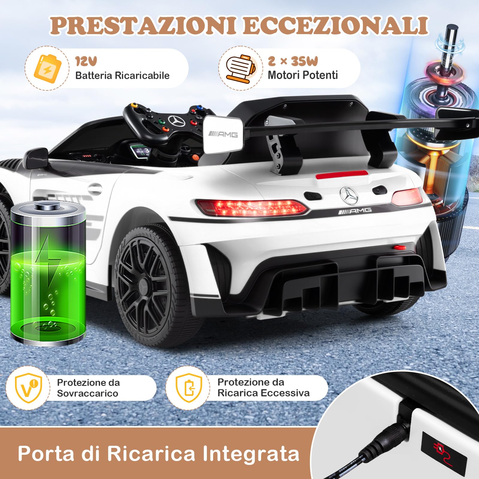 RELAX4LIFE Macchina Elettrica per Bambini 12V Mercedes-AMG GT3,con Telecomando, 2,5/3,5/4,5 km/h, Musica, Clacson, Luci LED, Cintura di Sicurezza Regolabile, Avviamento Lento,3 Anni+ (BIANCO)