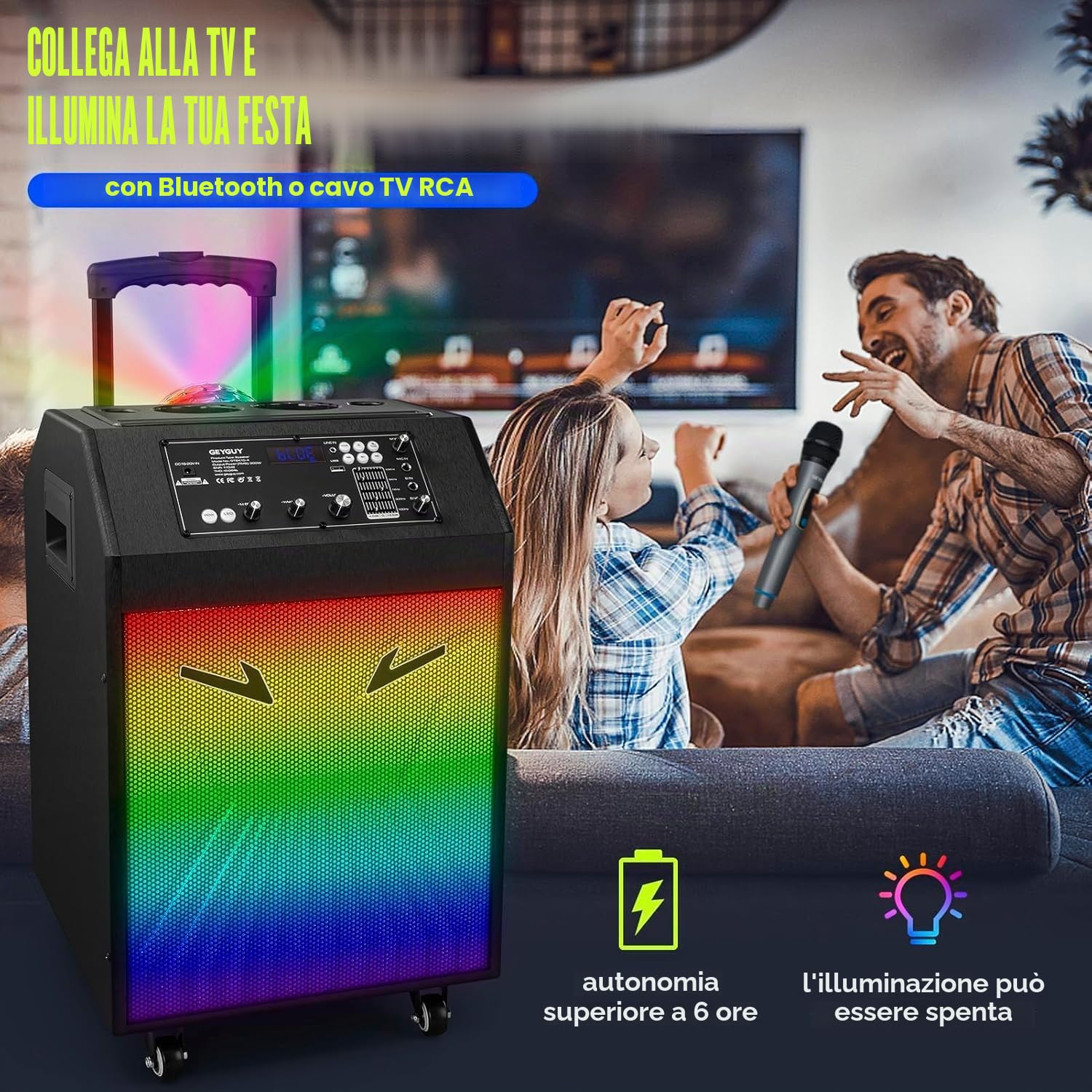Macchina karaoke Ankuka con 2 microfoni wireless Bluetooth, impianto PA con ruote e luci da discoteca, supporta TV/TWS/EQ/AUX/USB/TF/Rec per feste, compleanni