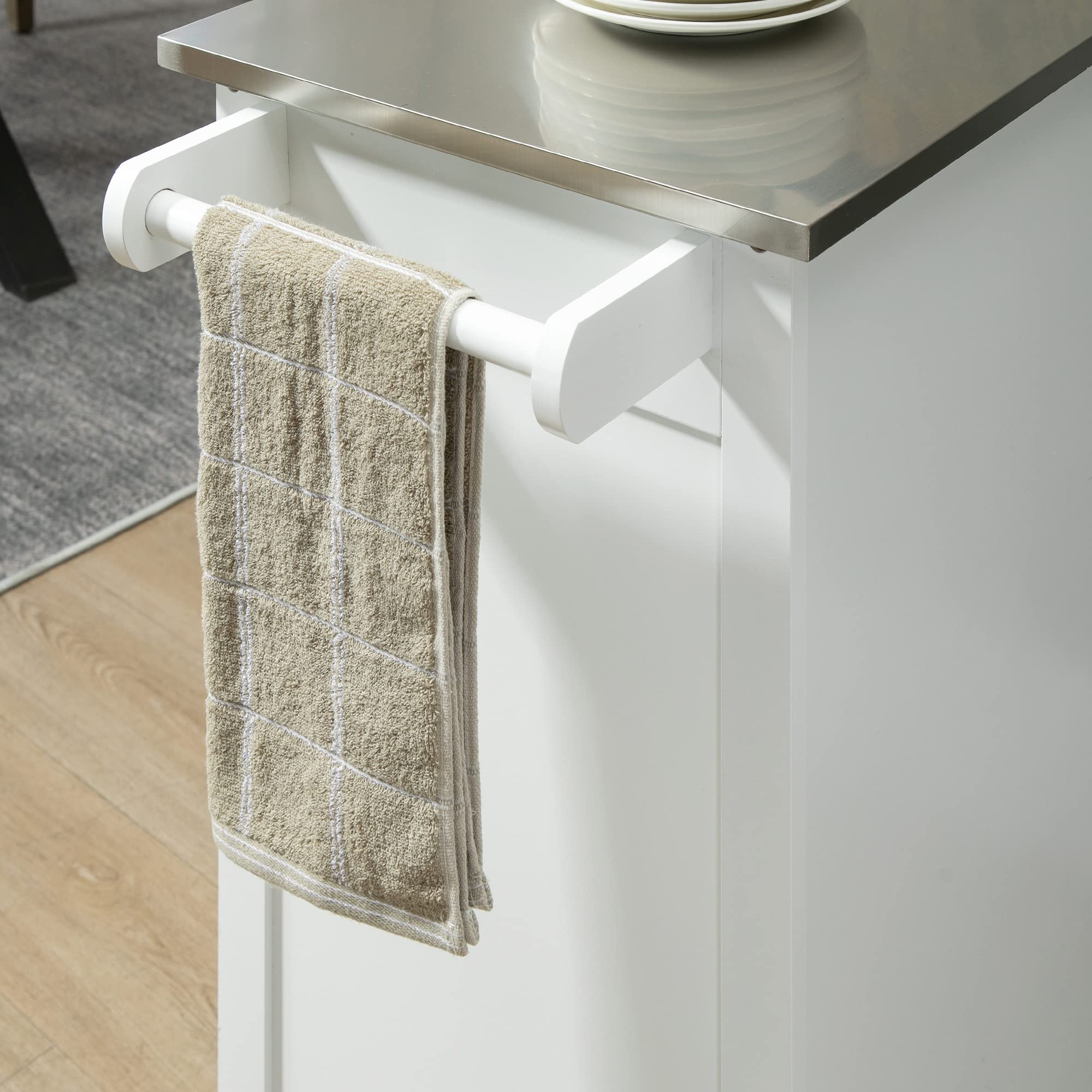 HOMCOM Carrello da cucina con ruote, multiuso, 1 cassetto, armadio a 2 ante con ripiano porta strofinacci in MDF bianco acciaio inossidabile